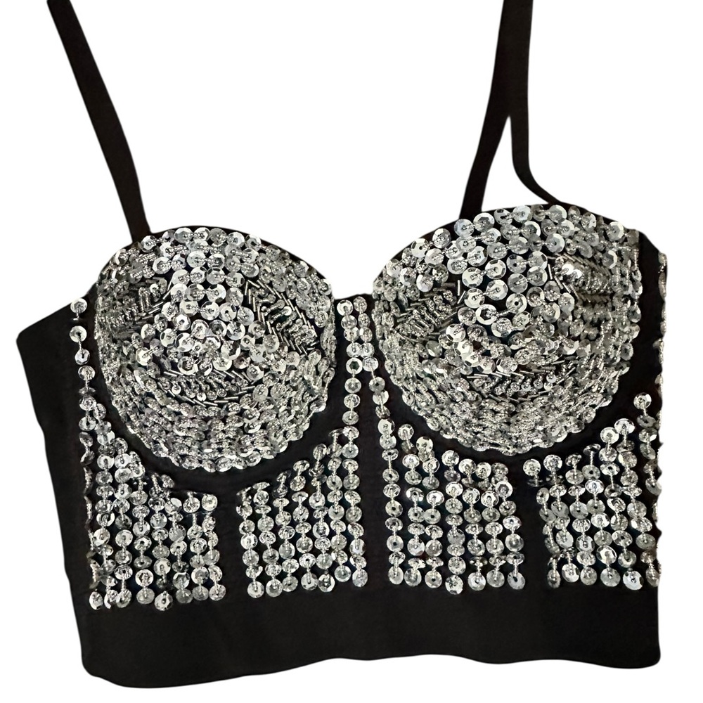 Almia Black and Silver Sequin Crop Top